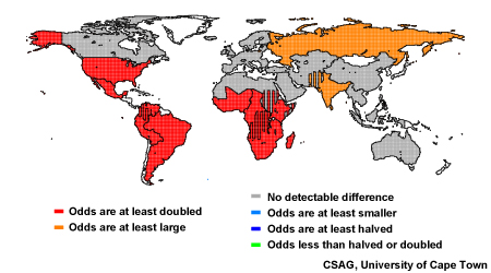 A temperature outlook, issued on March 15, 2012, that shows how human-produced greenhouse gases were expected to change the odds that April 2012 would be as warm as the top five Aprils in the reference period (1960–2011).
