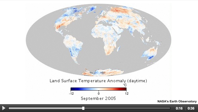 Land surface temperature anomalies for a given month (March) compared to the average conditions during that period between 2000-2008. Places that were warmer than average are red, places that were near normal are white, and places that were cooler than average are blue.