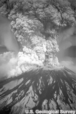 Mount St. Helens 1980 explosive eruption with voluminous plume of tephra.