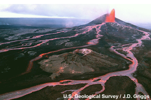 Braided lava flows spread from a lava fountain on the side of Pu`u `O`o cone.