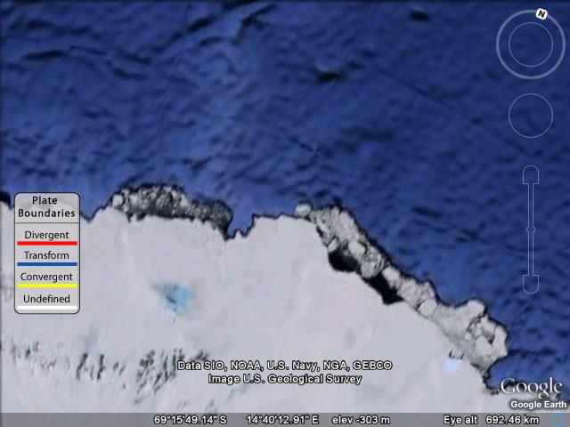 Satellite image of an ice shelf in Antarctica and the nearby seafloor.