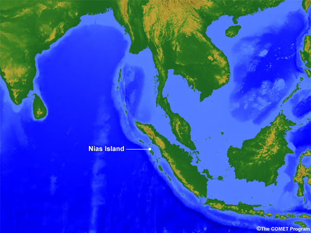 A map of Nias Island showing the bathymetry of the surrounding ocean.