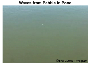 Animation or video of the waves created by an object dropped into a pond or still fluid.  Shows that the wave created will have different periods and that the group velocity of the waves is slower than individual wave speeds.