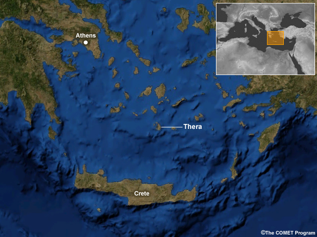 The island of Santorini and volcano Thera and its proximity to the island of Crete, whose Minoan civilization it may have helped wipe out ca. ~1,500 B.C.