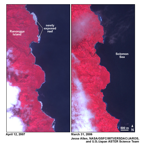 Exposure of the reef around Ranongga Island in the Solomon Islands after a 2007 earthquake lifted the land.