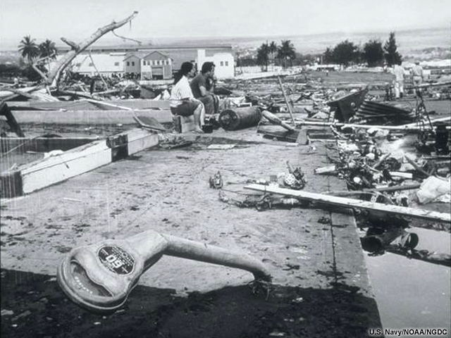 The Waiekea area of Hilo, Hawaii 1960. Parking meters flattened by the Chilean tsunami.