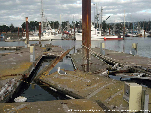 Docks torn up by the 2006 tsunami in Crescent City, California.