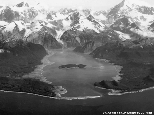 The landslide scar caused by the rockfall that started the Lituya Bay tsunami in Alaska.