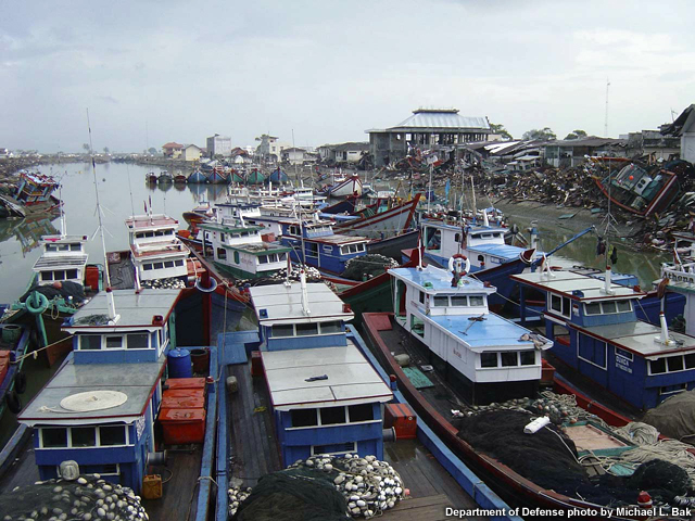 Boats washed ashore near Banda Aceh, Sumatra following the 2004 tsunami