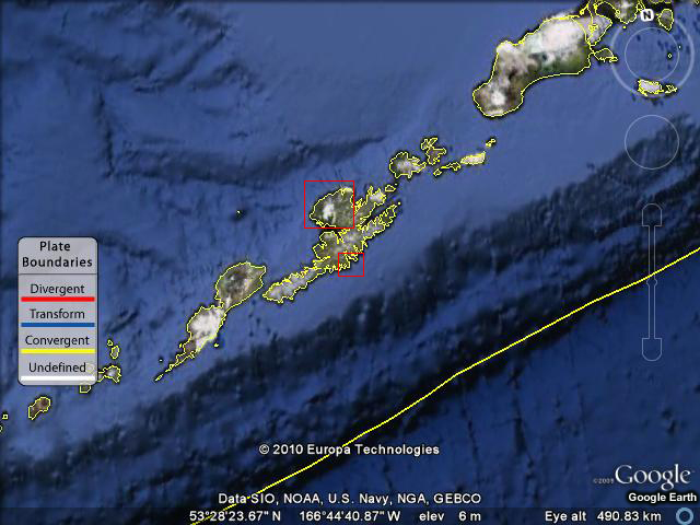 Topography and bathymetry of some of the Aleutian Islands and a nearby subduction zone.