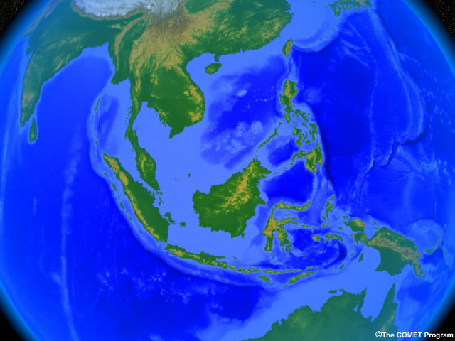 A map of islands, trenches, and continents in southeast Asia.