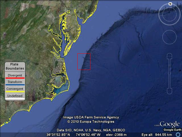 A satellite image east coast of the United States, the Atlantic Ocean, and continental shelf.