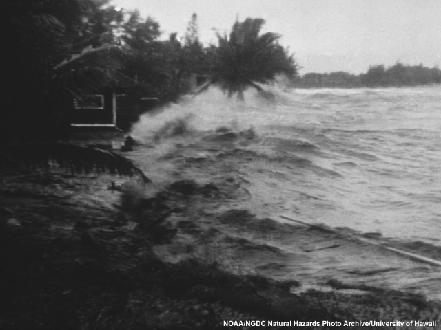 Paia, Maui. View of tsunami wave breaking on beach houses.