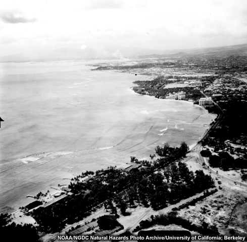 Complex wave refraction off Waikiki Beach near Honolulu.