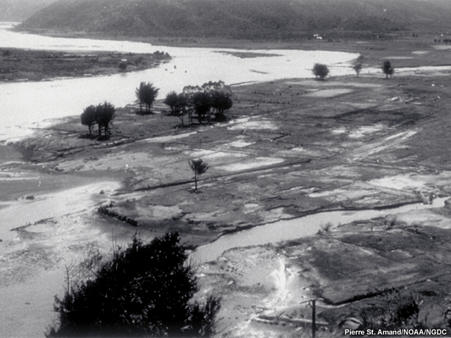 Farm fields inundated by a tsunami and land subsidence after the 1960 Chilean earthquake