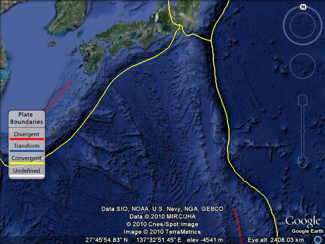 Satellite image of southeast Japan and the ocean bathymetry nearby.