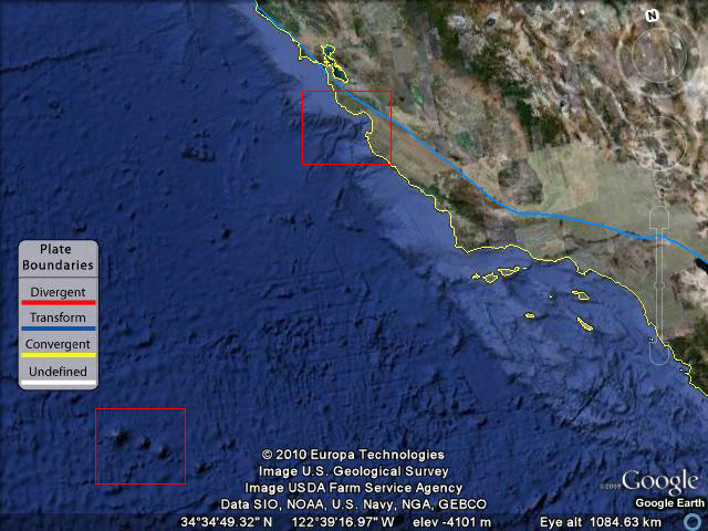 A satellite image of the coast and ocean bathymetry near Southern California.
