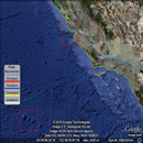 A satellite
 image of the coast and ocean bathymetry near Southern California. 