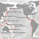 A map of 
Earth with subduction zones highlighted in red, followed by significant 
tsunami-forming quakes for the last 100 years