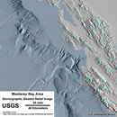 Topography 
and Bathymetry of the Monterey Bay and San Francisco Bay region. The 
image shows that submarine erosion is occurring offshore along the outer
 margin of the continental shelf and continental slope. Submarine 
landslides move blocks of materials and sediments churned up in density 
currents (also called turbidity currents) down slope into the abyssal 
plain that extends seaward from the base of the continental slope. A 
great submarine channel extends seaward from the base of Monterey 
Canyon. Note that this is an anaglyphic image and will appear in 3D 
relief with red-and-blue 3D viewing glasses. 