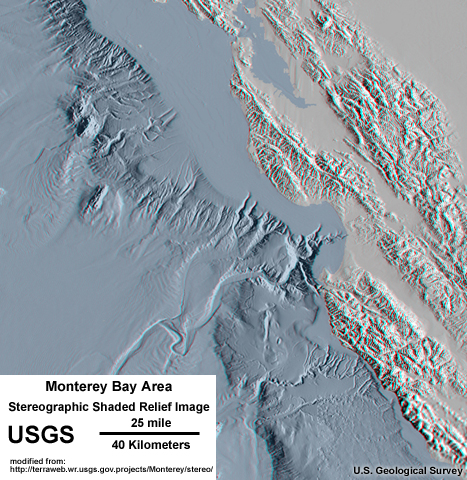 Topography and Bathymetry of the Monterey Bay and San Francisco Bay region. The image shows that submarine erosion is occurring offshore along the outer margin of the continental shelf and continental slope. Submarine landslides move blocks of materials and sediments churned up in density currents (also called turbidity currents) down slope into the abyssal plain that extends seaward from the base of the continental slope. A great submarine channel extends seaward from the base of Monterey Canyon. Note that this is an anaglyphic image and will appear in 3D relief with red-and-blue 3D viewing glasses.
