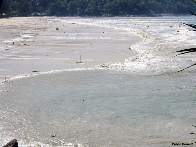 Waves retreat from Kata Noi Beach, Thailand, after the second wave of the 2004 Indian Ocean tsunami.